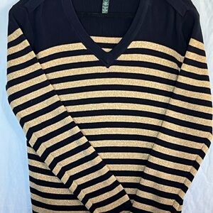 Ralph Lauren Black and Gold Striped V-Neck Sweater